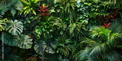 A dense jungle scene with a variety of tropical plants and vines, creating a lush and vibrant environment
