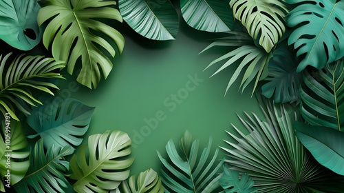 3d render, paper tropical leaves, jungle decor, monstera palm, green background, blank space for text, banner template, digital illustration. 