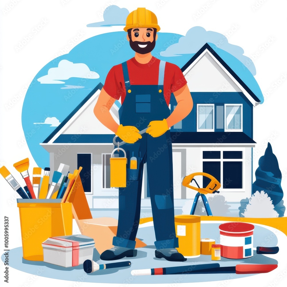 A cheerful handyman stands proudly with tools in hand, ready for home renovation outside a beautifully designed house. A cheerful handyman stands proudly with tools in hand, ready for home renovation outside a beautifully designed house.
