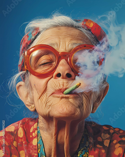 psychedelic crazy happy elder woman with cigar or cigarette, smoking a marihuana joint, weed, ganja, funny expression, trippy face, vintage poster
