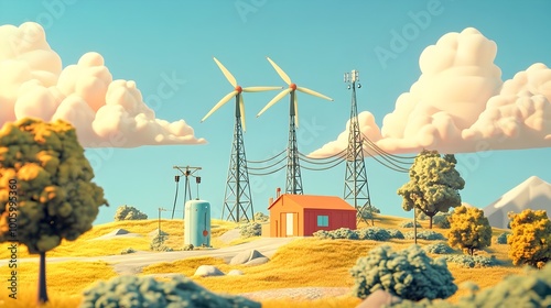 Minimalist animated depiction of a small scale power facility with a stylized caricature like aesthetic compact and streamlined wind turbines generating clean energy photo