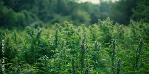 A field of cannabis plants growing outdoors, with tall, leafy plants swaying in the breeze