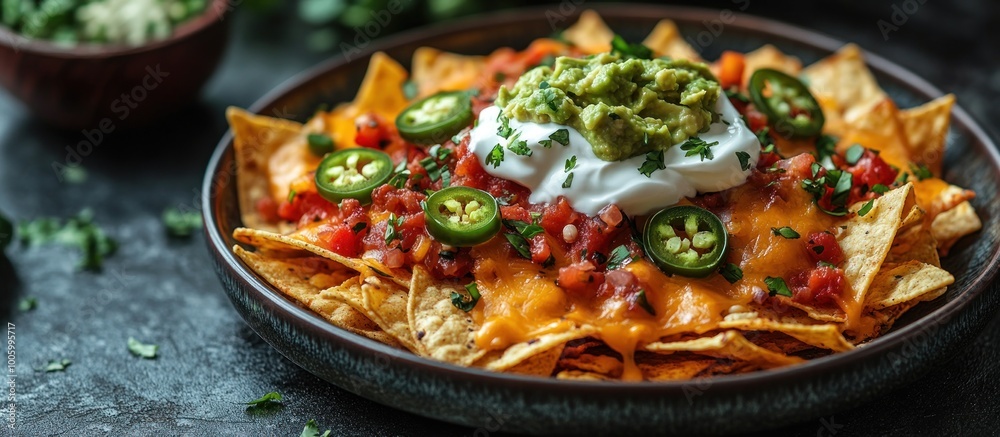 Delicious Nachos with Guacamole, Sour Cream and Jalapenos Delicious Nachos with Guacamole, Sour Cream and Jalapenos