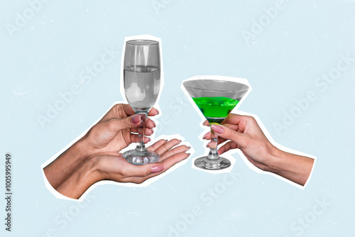 Composite photo collage of people hands hold cocktail glass alcohol party holiday celebration occasion isolated on painted background photo