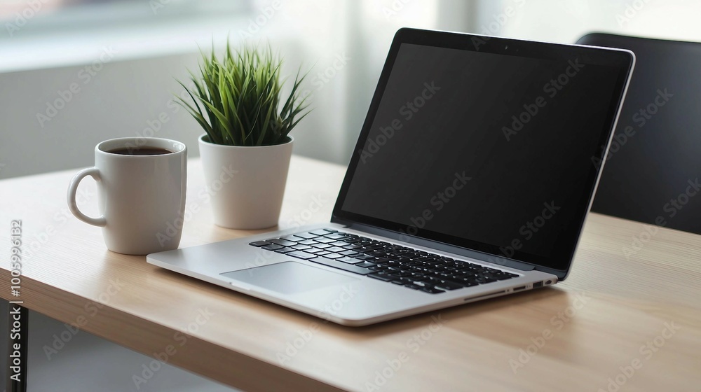 Laptop, Coffee Cup, and Plant on a Desk Laptop, Coffee Cup, and Plant on a Desk