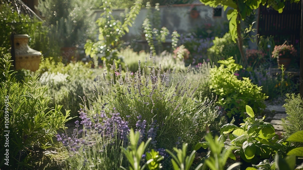 A rustic herb garden brimming with aromatic plants such as lavender