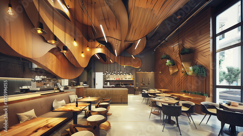  Restaurant interior with luxury wooden furniture and cozy dining tables in an elegant, old-style setting