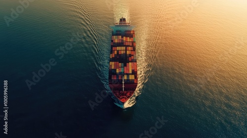 Aerial view of a large container ship navigating international waters, exporting goods globally. No logos on containers or ship.