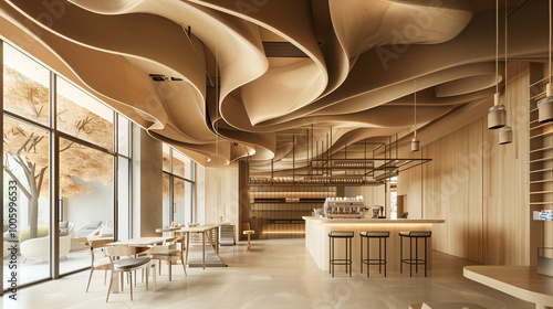  Restaurant interior with luxury wooden furniture and cozy dining tables in an elegant, old-style setting
