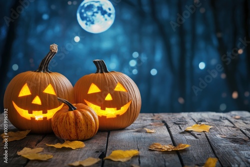 Halloween Pumpkins on wood. Halloween Background At Night Forest with Moon - generative ai