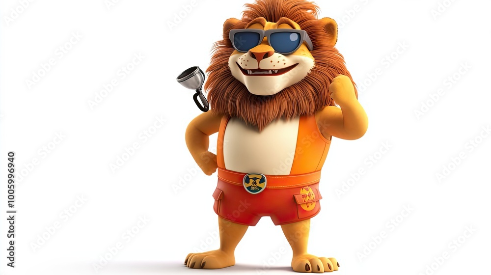 Cartoon Lion Wearing Sunglasses and Swim Trunks, Holding a Lifeguard Float Cartoon Lion Wearing Sunglasses and Swim Trunks, Holding a Lifeguard Float
