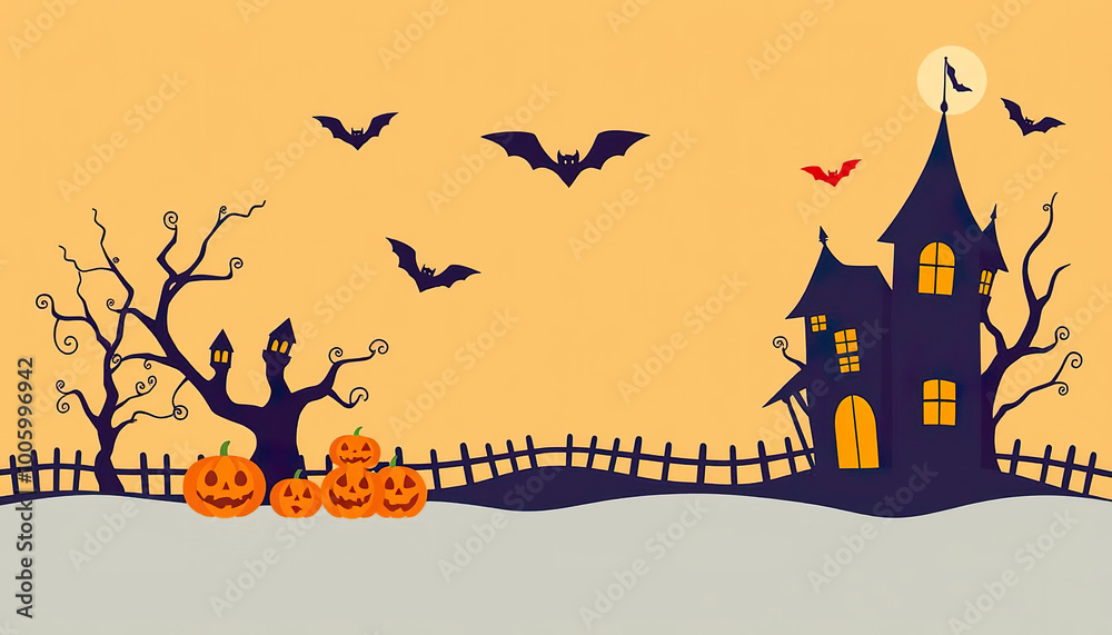 A Halloween scene with a castle and bats flying in the sky