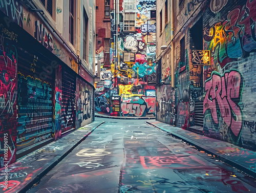 Colorful graffiti covers weathered brick walls lining a bustling urban street scene, capturing city life. photo