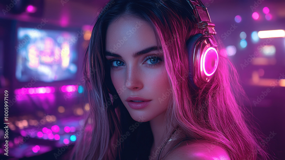 The young woman is immersed in a colorful gaming environment, wearing illuminated headphones and gazing thoughtfully into the distance The young woman is immersed in a colorful gaming environment, wearing illuminated headphones and gazing thoughtfully into the distance