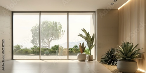 A modern interior with desert plants like agave and aloe, adding a touch of the desert to the decor