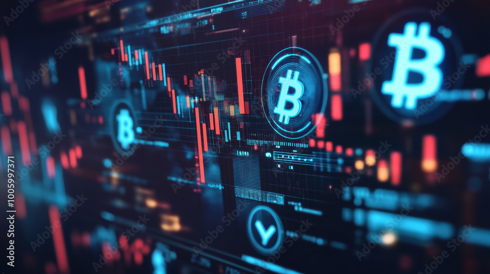 Fototapeta premium Digital financial dashboard displaying cryptocurrency trends and data, featuring Bitcoin symbols and market graphs. vibrant colors and dynamic visuals evoke sense of innovation and technology