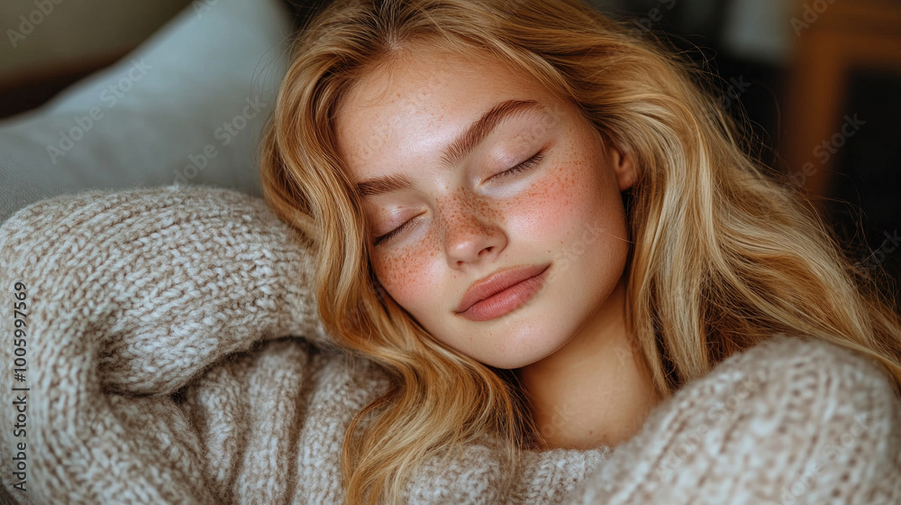 A young woman relaxes at home, enjoying serene moments while wearing a cozy sweater, her long wavy hair softly framing her face A young woman relaxes at home, enjoying serene moments while wearing a cozy sweater, her long wavy hair softly framing her face