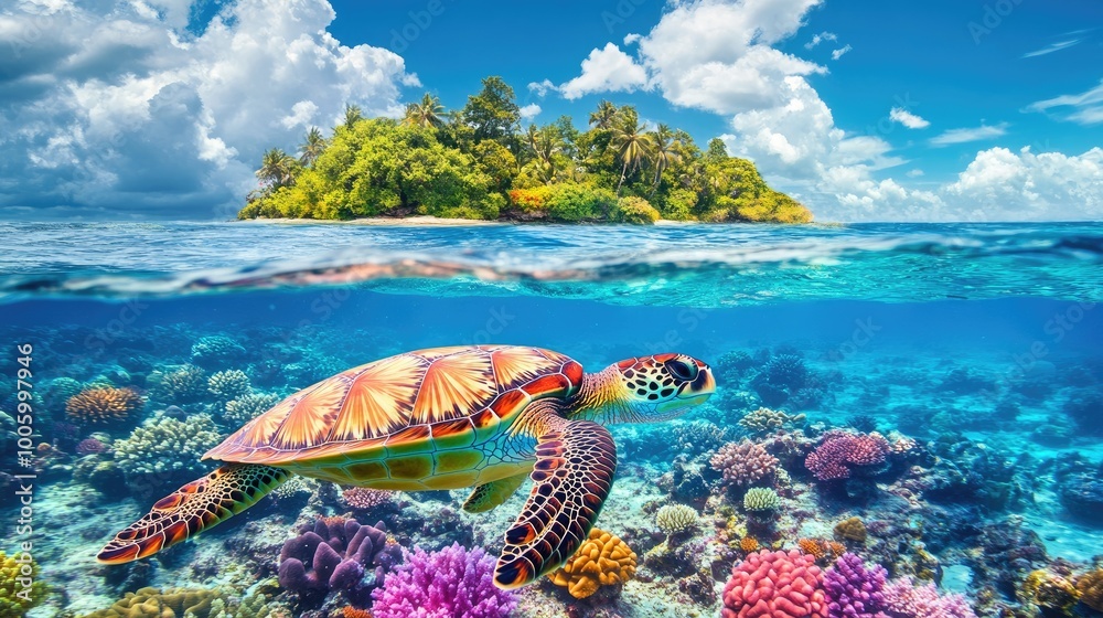 A sea turtle swimming near the coral reefs surrounding an island, with clear waters and vibrant underwater life in the background. A sea turtle swimming near the coral reefs surrounding an island, with clear waters and vibrant underwater life in the background.