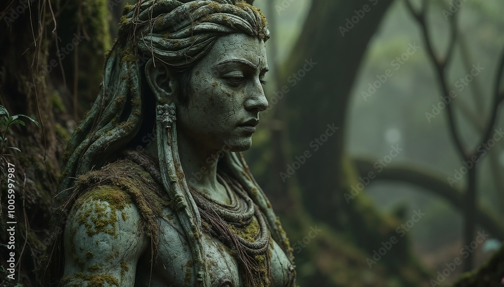 Weathered moss-covered statue in misty forest setting. Weathered moss-covered statue in misty forest setting.