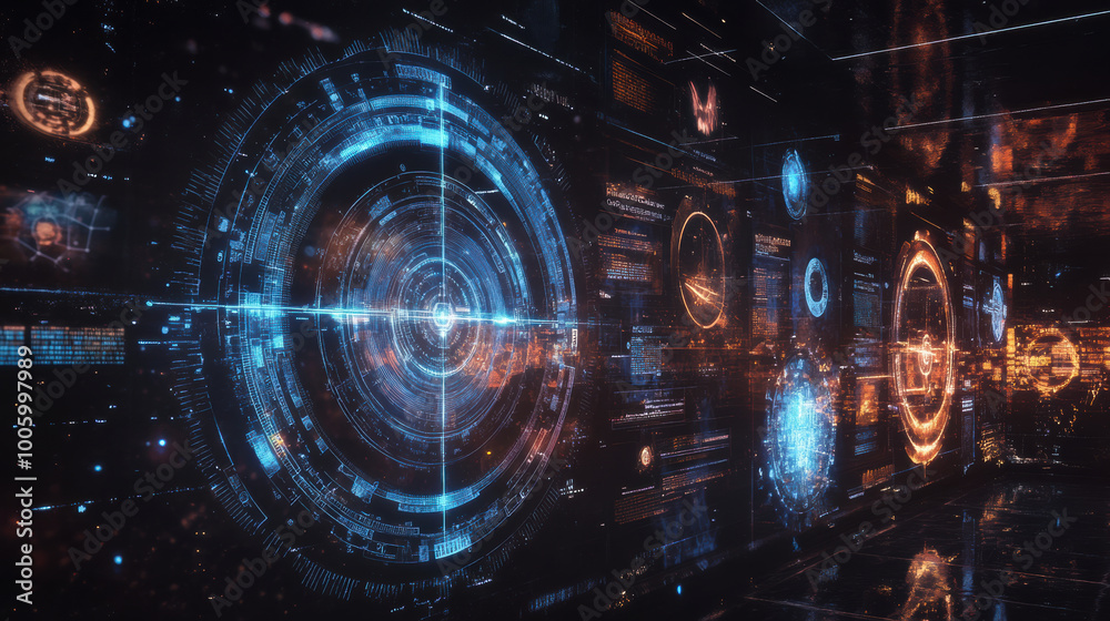 Fototapeta premium futuristic digital interface displaying various data visualizations and holographic elements. vibrant colors and intricate designs create immersive technological environment