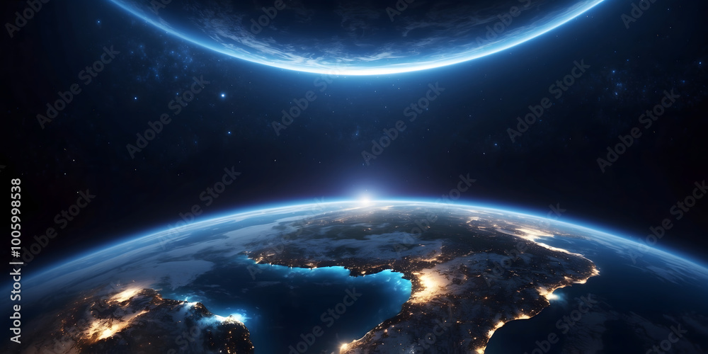 Obraz premium View of Earth from Space with Sunrise