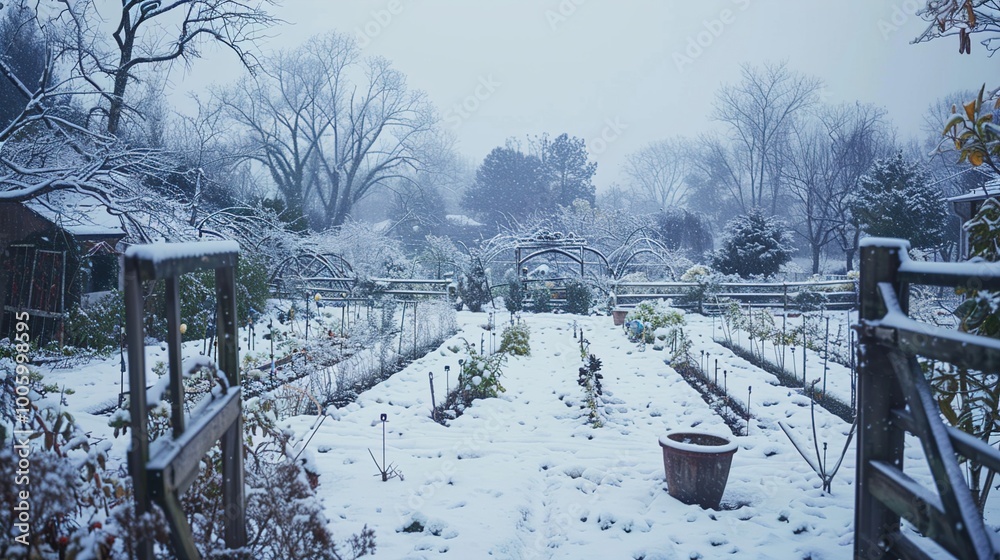 A serene tableau of a kitchen garden blanketed in snow