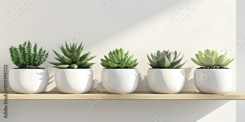 A set of succulent plants in minimalist pots, arranged on a shelf in a bright, modern living space