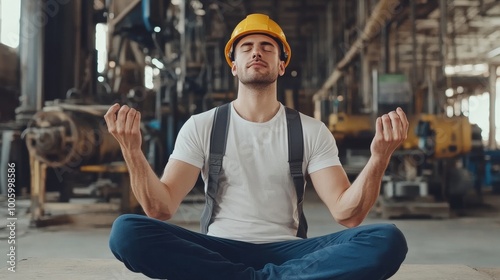 Factory engineer practicing meditation and yoga at an industrial facility, promoting wellness and mindfulness in the workplace environment for improved focus and productivity photo