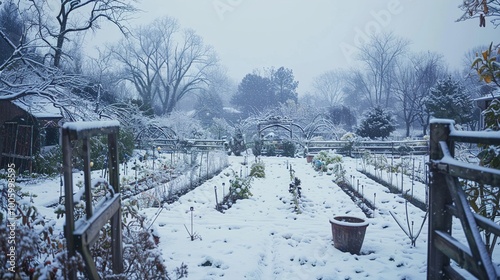 Obraz na płótnie A serene tableau of a kitchen garden blanketed in snow w salonie