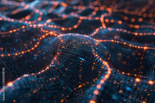 A mesmerizing wave of glowing particles dances through a digital landscape filled with intricate network patterns at night. Generative AI