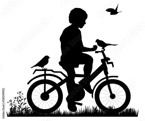 Children and pets silhouettes on white background. Little girl and boy on bike feed birds. Vector illustration.	
