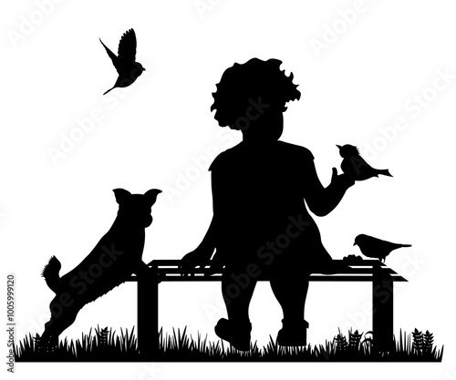 Children and pets silhouettes on white background. Little girl with a dog play and feed birds. Vector illustration.	
