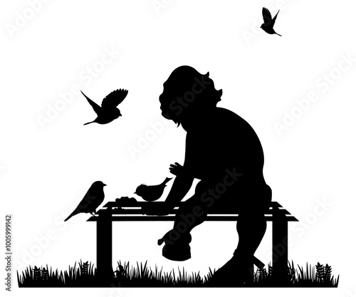 Children and pets silhouettes on white background. Little girl feed birds. Vector illustration.	
