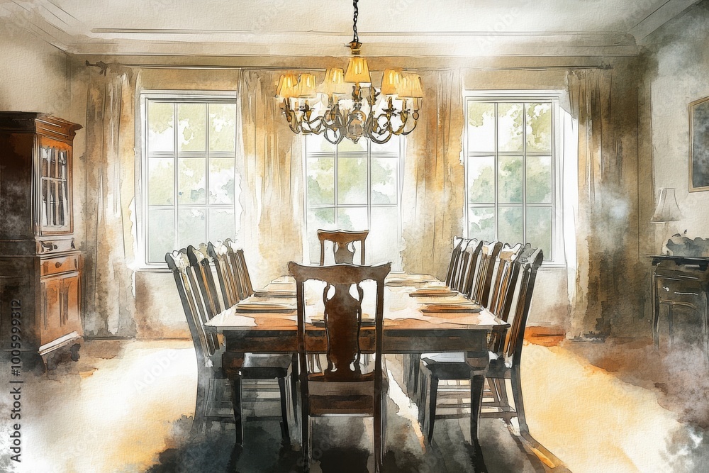 Fototapeta premium A large dining room with a chandelier hanging from the ceiling. The room is filled with wooden chairs and a long table. The atmosphere is elegant and inviting