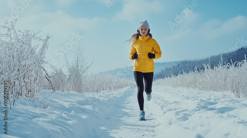 Young woman running in winter snow, listening to music with headphones, active and healthy outdoor fitness lifestyle. Space for text. Exercise and wellness. Generative AI.