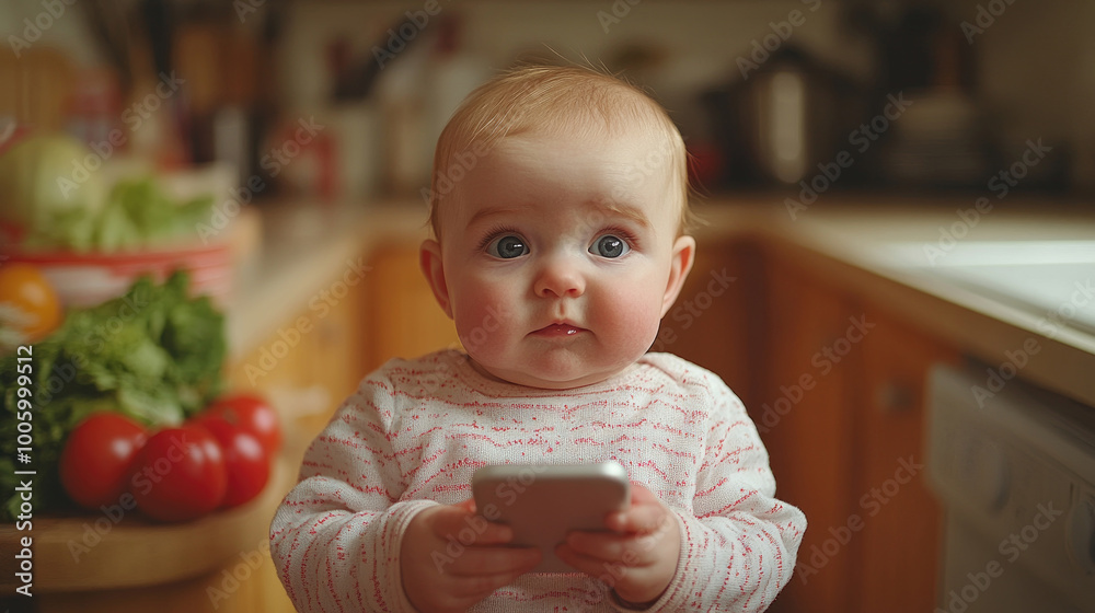 A curious baby grips a smartphone in a warm kitchen, surrounded by fresh vegetables and cheerful decor during daylight hours A curious baby grips a smartphone in a warm kitchen, surrounded by fresh vegetables and cheerful decor during daylight hours