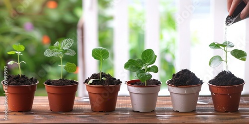 A step-by-step series of potting a plant, from filling the pot with soil to watering the newly potted plant