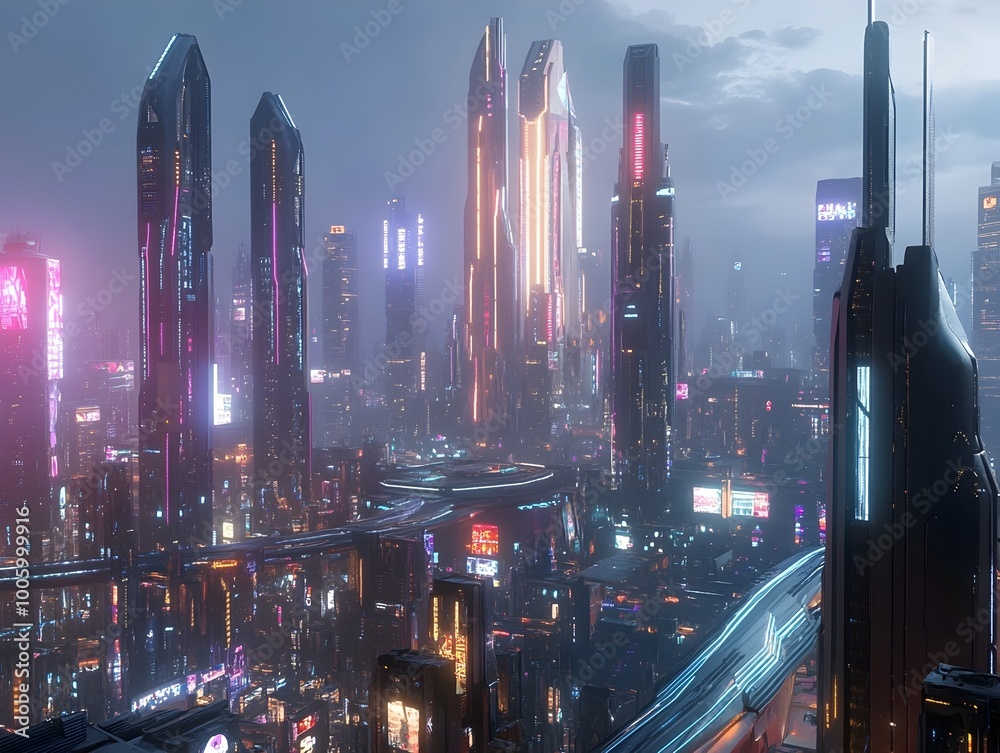 Towering city skyline with sleek futuristic skyscrapers and vibrant neon lights illuminating the bustling high tech urban landscape Towering city skyline with sleek futuristic skyscrapers and vibrant neon lights illuminating the bustling high tech urban landscape