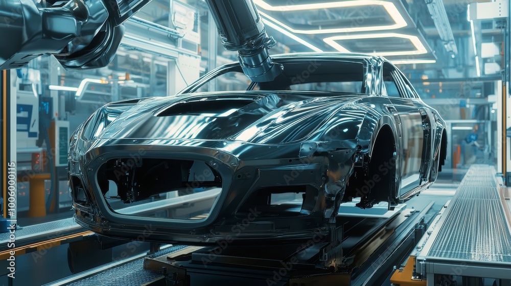 Robotic Arm Painting Car in Modern Factory Setting Robotic Arm Painting Car in Modern Factory Setting
