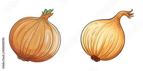 Vector illustration of two detailed whole onions with golden skin, isolated on a white background. Generative AI.