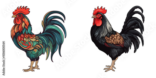 Vector illustration of two roosters with detailed multicolored feathers and prominent combs. Perfect for agricultural, farm-related, or nature designs. Generative AI.