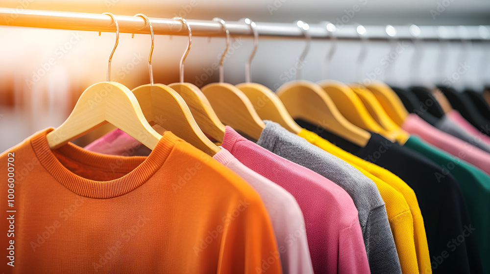 Assorted colorful clothing on hangers at a modern boutique with a cozy ...