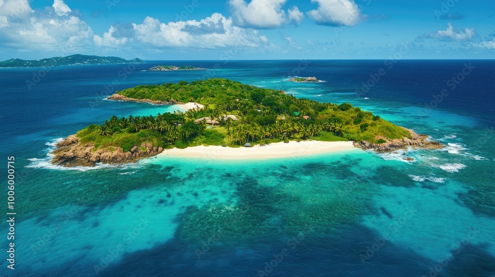 Fototapeta premium A small, tropical island surrounded by turquoise waters, with lush green palm trees and white sand beaches under a bright blue sky.