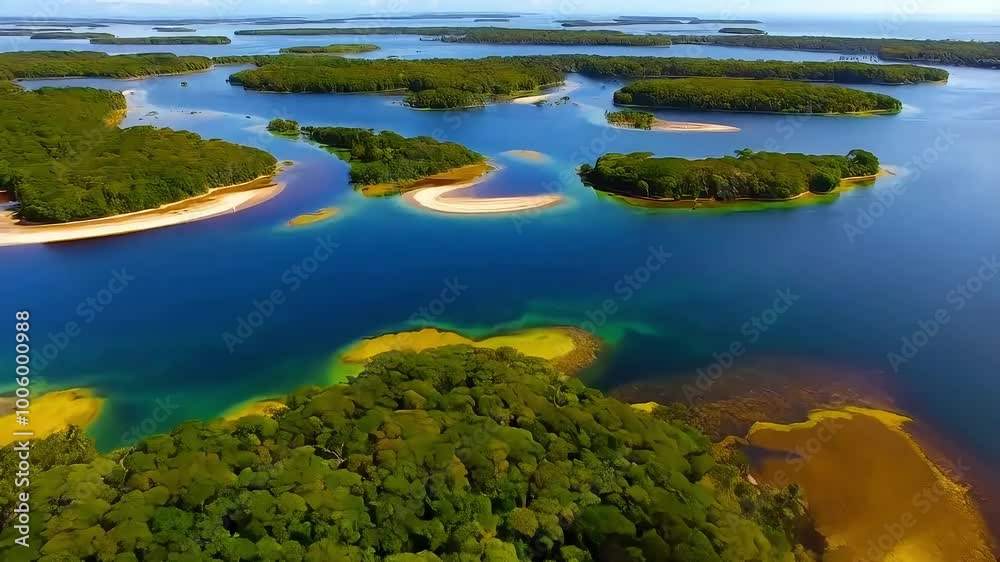 view of lake    , River delta with winding channels aerial view, drone footage of delta with small islands
