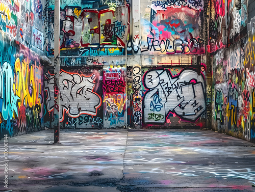 City street lined with colorful graffiti-covered walls, capturing the essence of urban street art culture.