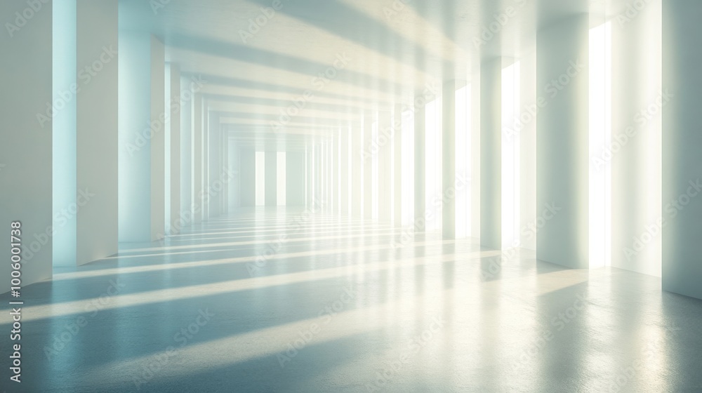 A long, empty hallway with white walls and a white floor. The light is shining through the windows, creating a bright and open atmosphere A long, empty hallway with white walls and a white floor. The light is shining through the windows, creating a bright and open atmosphere