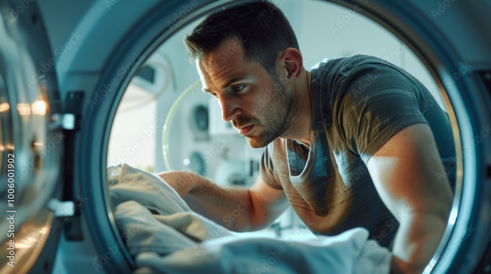 Man bends over, loads laundry in dimly lit room. Vantage point from inside appliance looking out. Background shows some light. Man bends over, loads laundry in dimly lit room. Vantage point from inside appliance looking out. Background shows some light.