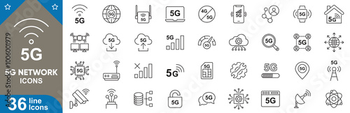 5G network outline web icons set. Connected, no signal, data upload, searching, roaming, Wi-Fi, signal strength and more. vector illustrator.