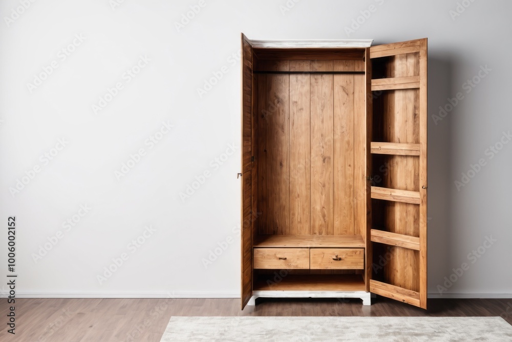 An empty wooden wardrobe placed in a well-decorated bedroom next to a window, showcasing a cozy home interior An empty wooden wardrobe placed in a well-decorated bedroom next to a window, showcasing a cozy home interior