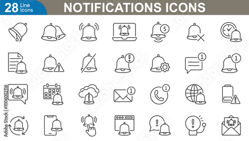 Notifications outline icons set. Message, bell, email, missed call, alert, update, low battery, calendar event, request and more. vector illustrator.